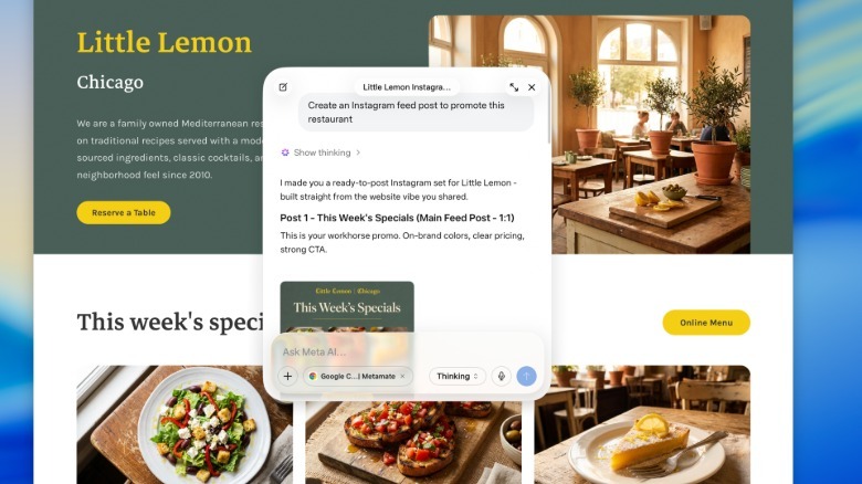 Ілюстрація Meta AI створює допис для Instagram на основі сайту ресторану