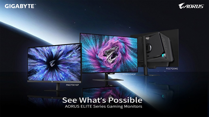 GIGABYTE AORUS ELITE FM275K16P — 27-inch 5K tri-mode Mini LED with glossy RealBlack coating and 2,304 local dimming zones.