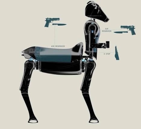 Pressurized tanks on the chest and back feed the pneumatic brake failsafe — puncturing one physically locks the robot in place.