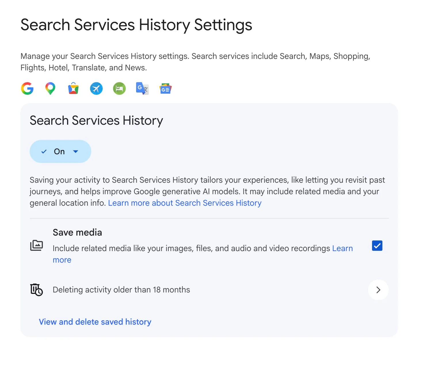Налаштування історії пошукових служб Google