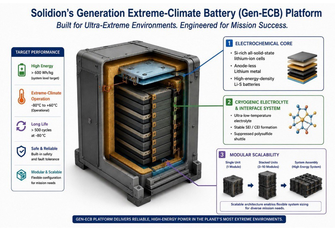 The Gen-ECB platform is engineered to deliver reliable, high-energy power in the most extreme environments imaginable. Illustration: Solidion Technology