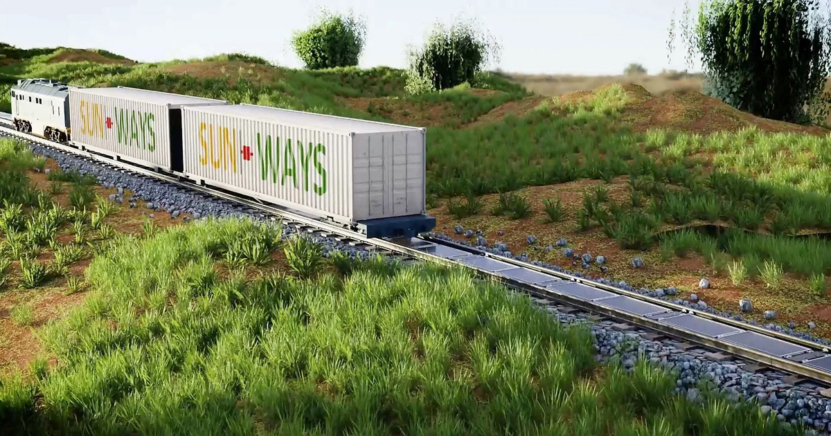 Pose des panneaux solaires entre les rails à l'aide du train spécialisé Scheuchzer. Illustration : Sun-Ways