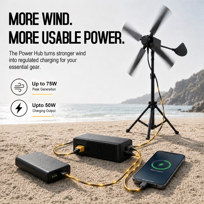 The included VENTYRA Power Hub inverter delivers 50W continuous output and connects to EcoFlow, Jackery, and Bluetti stations via XT60.