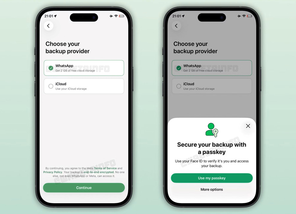 Sélection du fournisseur de stockage cloud dans la version iOS de WhatsApp. Illustration : WABetaInfo
