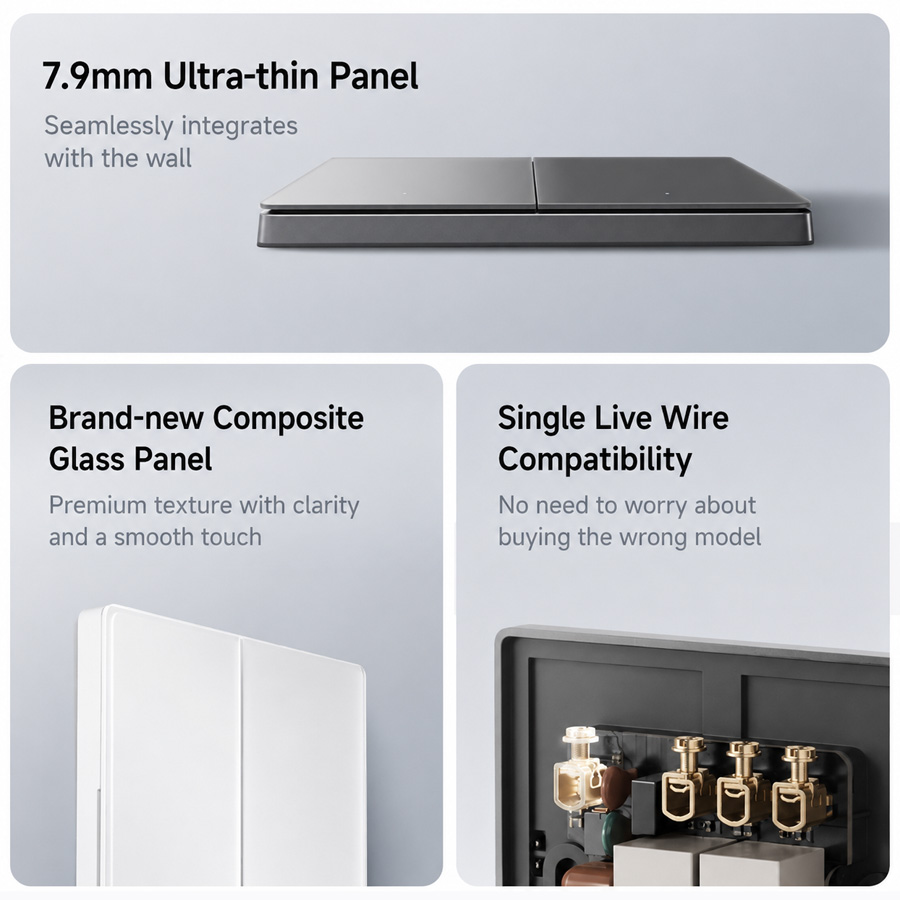 Le Smart Switch 2 existe en version une, deux ou trois touches, avec un indicateur lumineux sous chaque touche.